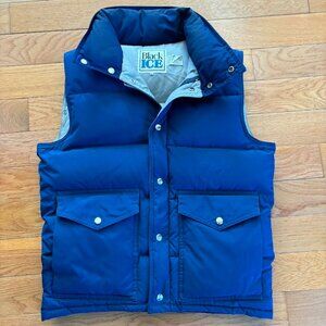 Vintage Black Ice Down Filled Blue Puffer Vest Mens M Hideaway Hood Outdoor Camp